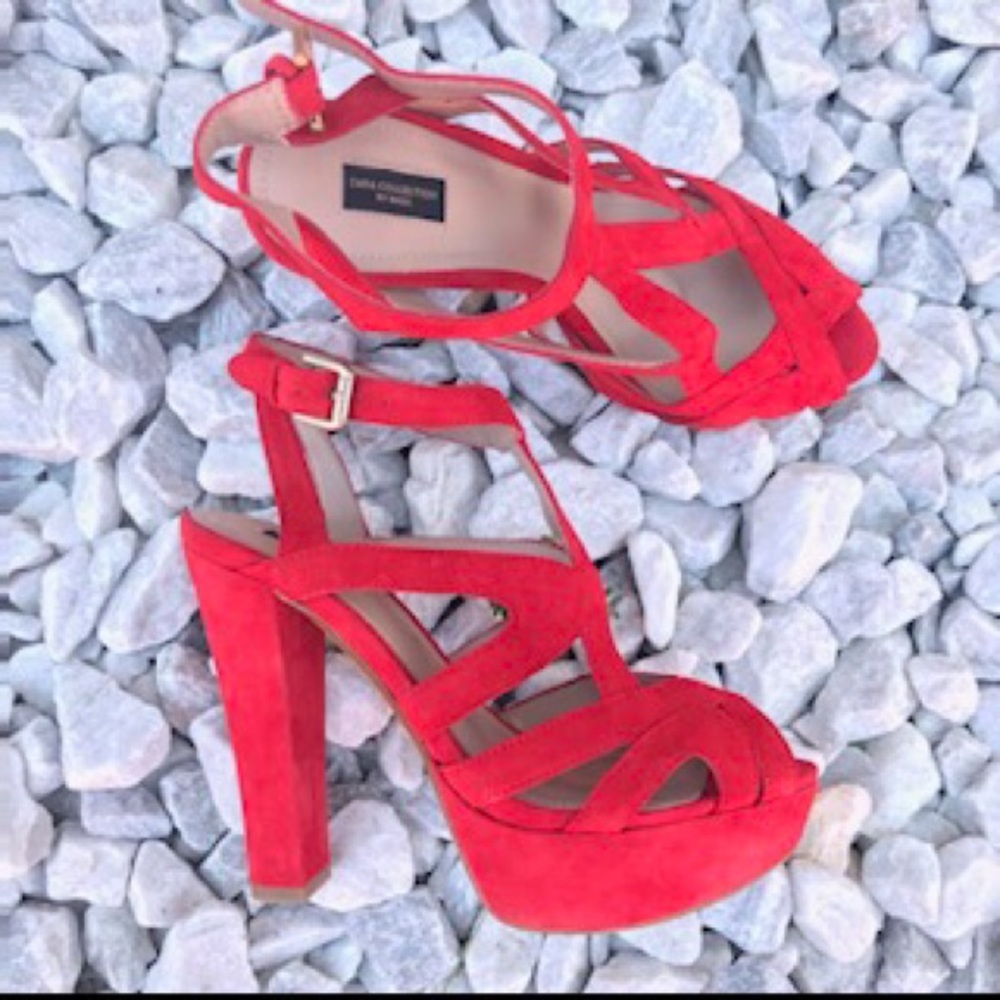 Zara Orange Strappy Velvet block Platform Sandals
